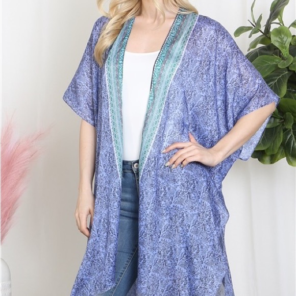 NEW ARRIVAL LIGHTWEIGHT LEAF PRINT INLINE BOHO OPEN FRONT KIMONO-TURQUOISE - Picture 4 of 7
